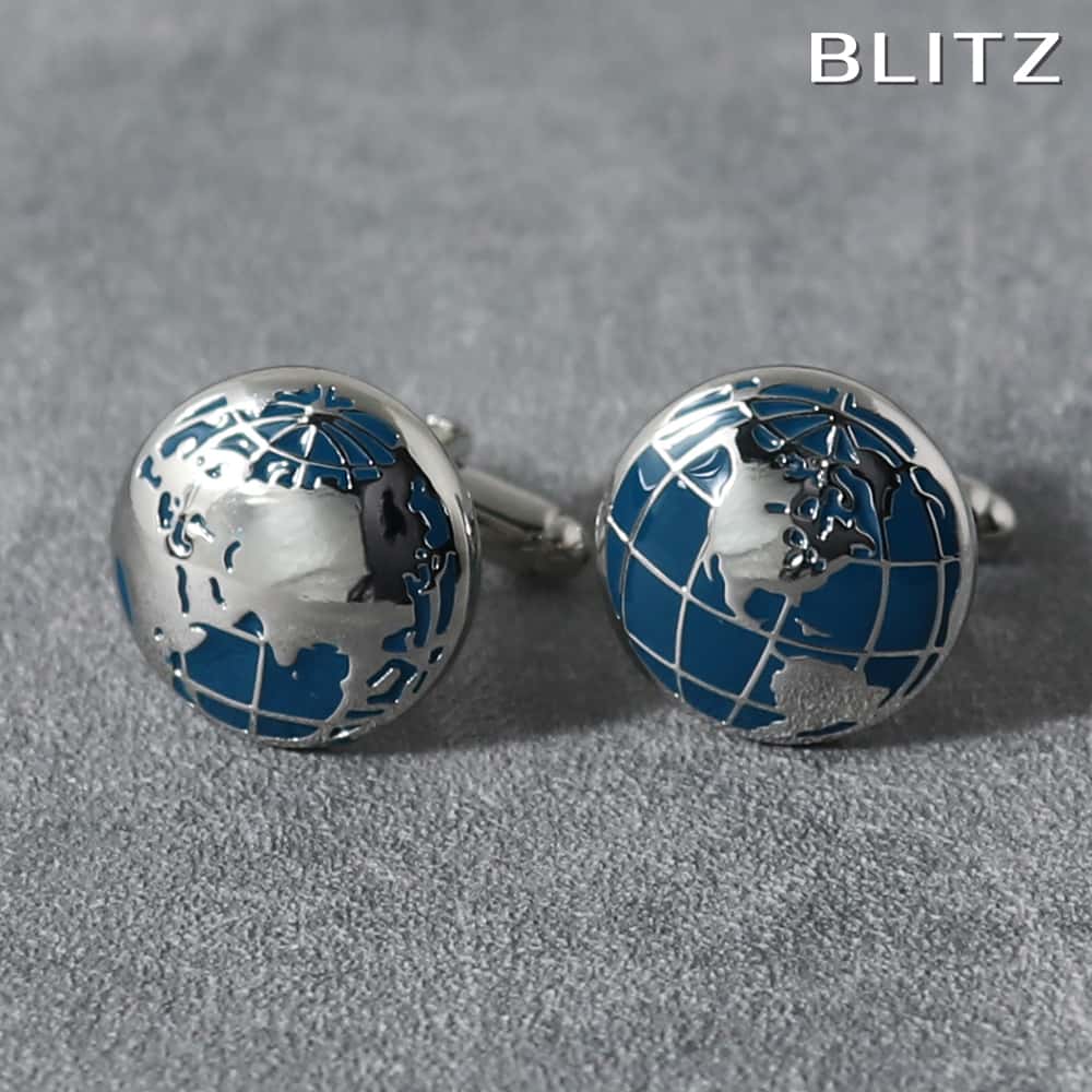 【BLITZ】 カフス カフスボタン オシャレ シャツ シルバー ブルー 半球体 世界地図 ワールドマップ 地球 メンズ カフリンクス CUFFS CUFFLI...