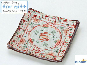 美濃焼 花赤絵正角皿辺22cm【赤絵,うさぎ,正角皿】【tableware,dish,plate,made in japan】【bloom-plus】