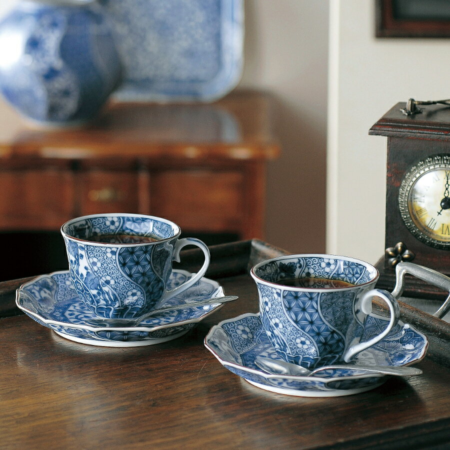 Cup, Saucer - 美濃焼 ネジリ祥瑞 ペア コーヒーカップ＆ソーサー径8.5cm高6.5cm 200mlギフト 贈り物 染付 コーヒーカップ ソーサー 碗皿 2客組【Coffee cup,made in japan】【bloom-plus】