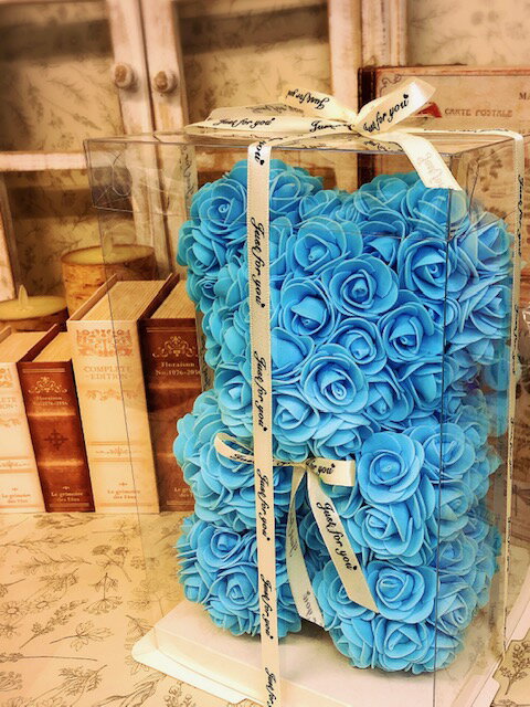 【水色・青色（ブルー）】ローズベアー　フラワーベアー　造花　贈り物　プレゼント　ギフト　記念日　誕生日　母の日　卒業祝　入学祝