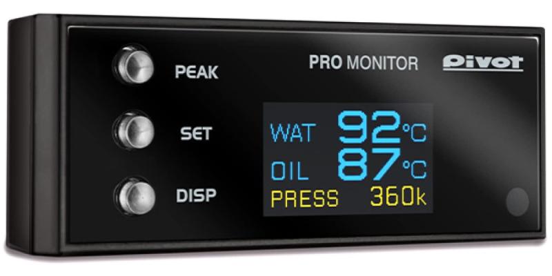 PIVOT (ピボット) デジタルモニター【PRO MONITOR】最小スペースで水温・油温・油圧を1台に高精度表示するモニター PRM⼤⽂字のシングル表⽰と3種類のマルチ表⽰が切り換え可能。薄型で⼩型のモニターは⾞輌メーターの表⽰をできるだけ隠さずコラム上や追加メーターが装着しにくい形状のダッシュボード上などに装着可能です。ピーク値（油圧は最低値）を表⽰。/ 製品を複数使⽤することで⼤型表⽰と組み合わせ⾒やすい表⽰も可能です。有機EL表⽰により⾓度や偏光サングラスなどによる⾒にくさを防ぎ鮮明な表⽰。周囲の明るさに応じ表⽰の明るさが⾒やすく⾃動切り換え。