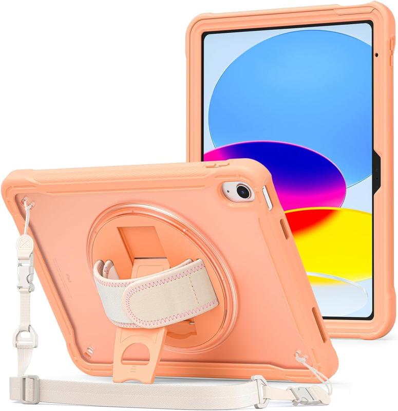 ProCase iPad 9.7 半透明カバー 6世代・5世代 Air 2 Air 1適用 耐衝撃 肩ひも付き ペン収納 360°回転スタンド 手首付き 3層保護