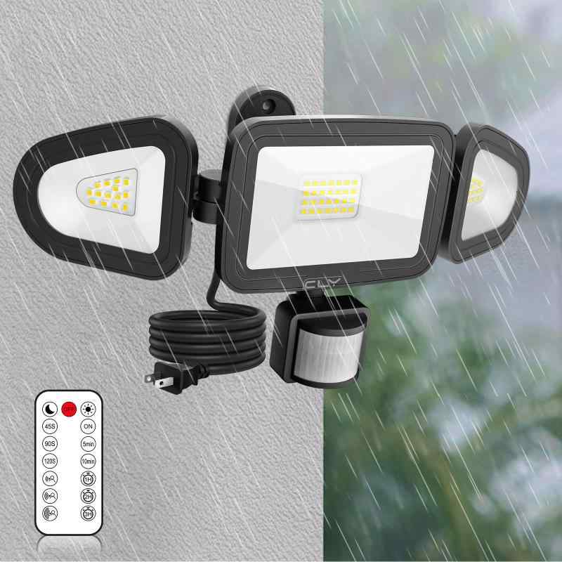 Rakuten - CLY LEDセンサーライト 屋内/屋外使用可 人感センサー LED投光器 42W 昼白色 6500K フラッドライト リモコン操作 自動点灯/消灯 高輝度 4200ルーメン 3灯式 IP66防水仕様 省エネ 明るい 防犯ライト