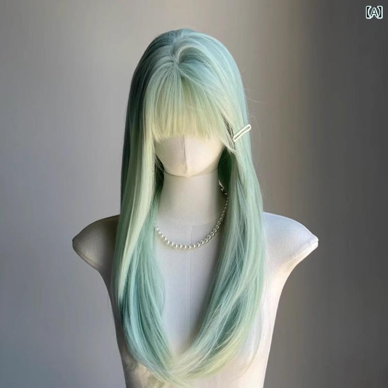 bloomelierのウィッグ レディース 清涼感 ミントグリーン ミルクグリーン ロング ストレート ナチュラル JK ロリータ アニメ コスプレ 全頭セット 韓国風 かわいい｜アングル2