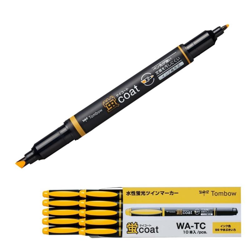 トンボ鉛筆 蛍光ペン 蛍コート ツインタイプ 山吹色 (強いペン先 ポリマーコート芯) 10本 WA-TC99-10P【太芯】3.8mm／ペン先の周囲をガードしたポリマコート芯【細芯】0.8mm／丈夫なプラスチック芯【仕様】インク補充式（別売の補充インク「蛍コートチャージャー」で補充可能）【単品サイズ】最大幅16×全長141mm／本【入数】10本入り