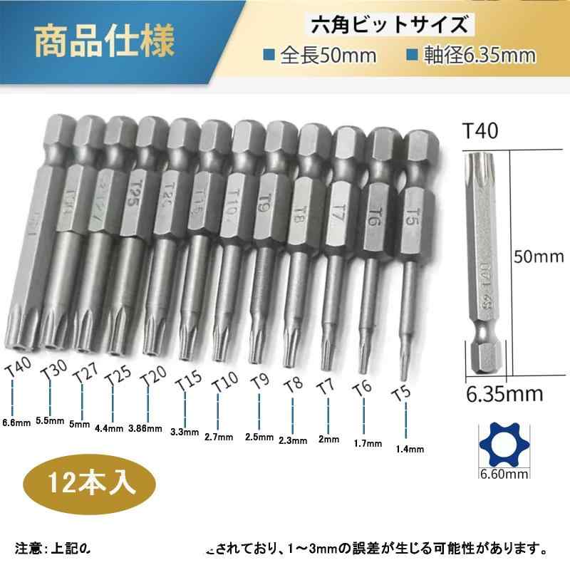 六角レンチビット 精密ドライバーセット 6.35mm 磁気吸着 ヘキサゴンビット 50mm長 T5-T40 電動ドライバー ビット工具