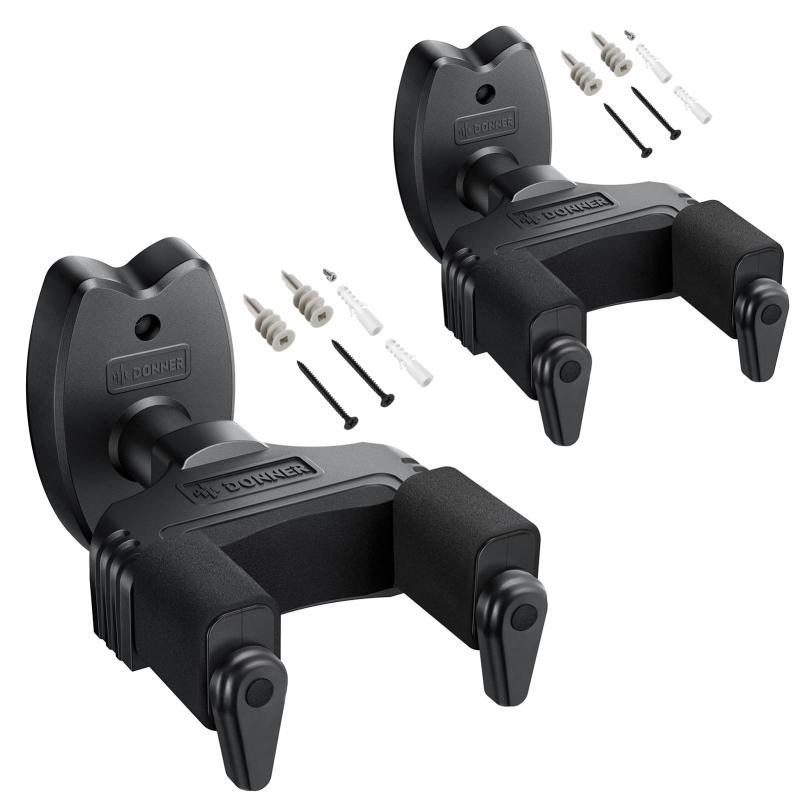 Donner ギターハンガー 壁掛け 自動ロック ネジ付 ギターフック 高強度 ギターホルダー ベース/エレキギター/マンドリン適用 ブラック (2個)【セキュリティ確保する自動ロック機能】ギターのネックをギターホルダーに置くと、自動的にロックされ、ギターが落下するのを防ぎ、あなたの身の安全とギターを守ります。そしてギターを持ち上げると自動的に解放されます。【省スペース】壁取り付けギターフックは、部屋のスペースを節約するのに役立ちます。ギターを取ったり置いたりすることもより便利になります。【簡単な取り付け】壁に6mmの穴を開け、乾式壁アンカーを穴に入れ、最後にハンガーをネジで固定します。注：穴は大きすぎないようにしてください。大きすぎると緩くなります。【大切な楽器が守られるEVAフォーム】EVAフォームンを纏ったハンガーにより、楽器とハンガーの接触面は柔らかく、色や引っかき傷が発生するのを防ぎ、ネックとヘッドを大切に保護します。アコースティックギター、クラシックギター、エレキギター、ベース、バンジョー、マンドリンに適しています。【製品仕様】サイズ：105×140×110mm；パッケージ内容：2×Donner壁掛けギターハンガー