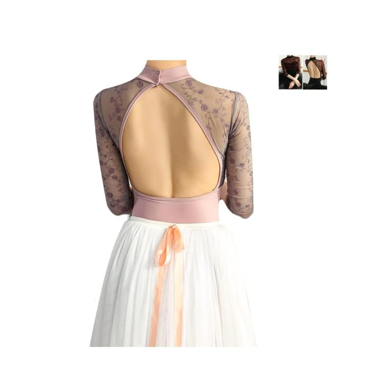 ProDance(プロダンス) ワインレッド ベージュピンク ハイネック 刺繍 6分袖 バレエ レオタード PLHI007M(3)