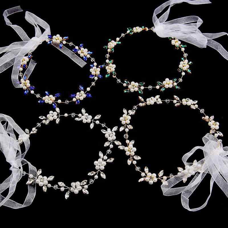 ヘッドドレス レディース ハンドメイド フェイクパール ラインストーン リーフ ワイヤー カチューシャ ウェディング ブライダル 結婚式 前撮り 写真撮影 髪飾り ゴールド シルバー