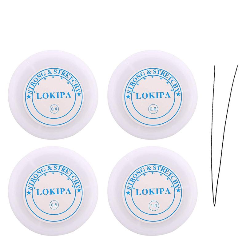 ブレスレット用 シリコンゴム 0.4mm/0.6mm/0.8mm/1mmサイズ 通しワイヤー 4本 5点セット天然石 パワーストーン ブレスレット用 のびブレスレットの制作、手作りプレゼントや修理、組み換えの際に使用する非常に丈夫な伸縮性抜群の弾力ひもです。るテグスの弾力紐です。サイズは、0.4mm（約24M）/0.6mm（約15M）/0.8mm（約8M）/1.0mm（約5M）でパワーストーンブレスレット10～30本ほどたっぷりお作り頂けます。素材：ポリウレタン100％、無色透明ですので、パワーストーンの色味にも違和感なくご使用いただけます。使用頻度や期間によって劣化して緩み、いずれ切れてしまいます。大切な石をバラしてしまわない為にも、緩んできたと感じたら早めに交換されることをお勧めします。