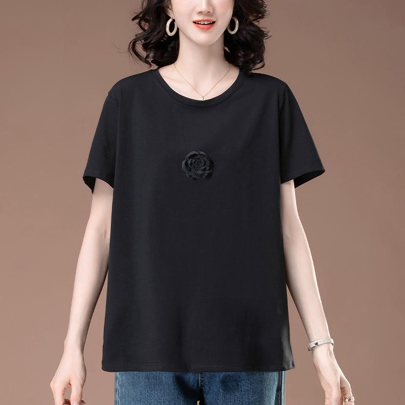 Tシャツ レディース 大きいサイズ 綿 半袖 ゆったり 接触冷感 吸汗速乾 刺しゅう ミセス 体型カバー クルーネック 丸首 楽ちん トップス プルオーバー カジュアル 春夏