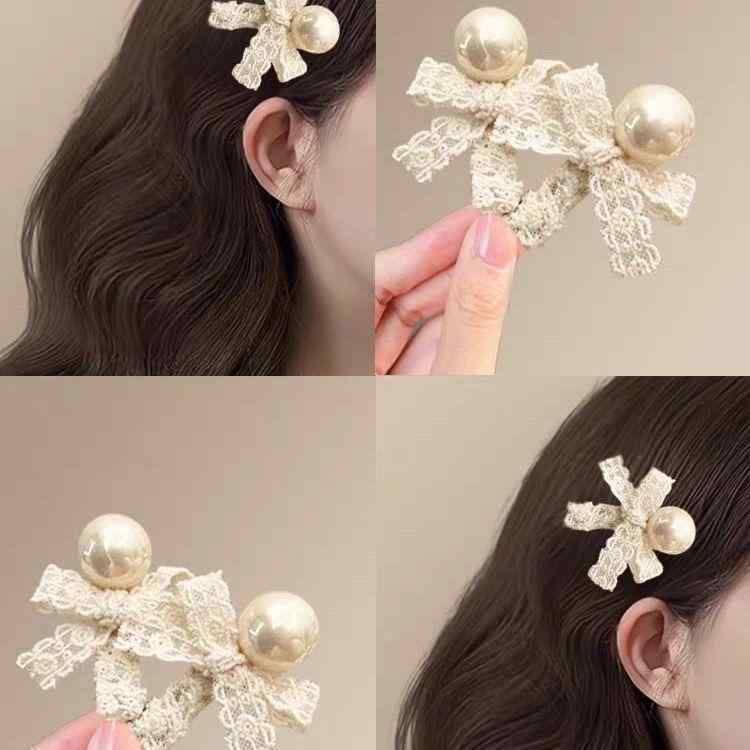 ヘアクリップ レディース リボン パール レース 高級感 フレンチスタイル 前髪 サイド ダッカールピン かわいい フェミニン おしゃれ アクセサリー