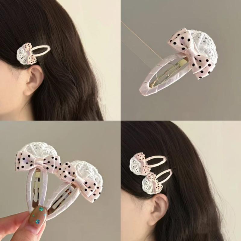 ヘアクリップ レディース パッチン留め スリーピン 前髪用 フリル リボン ドット柄 ピンク ホワイト かわいい カジュアル ハンドメイド 髪飾り アクセサリー