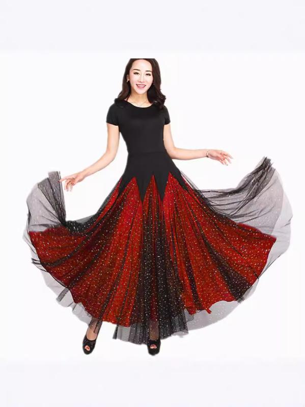 其它 - ダンスワンピース レディース 社交ダンス モダンダンス ワルツ タンゴ ビッグフレアスカート 再生繊維 スパンデックス 伸縮性 ストレッチ 練習着 発表会 レッスン 衣装 ブラック レッド パープル