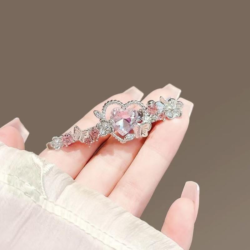 ヘアクリップ レディース 前髪 サイド用 くちばしピン 髪留め ヘッドドレス ハート ラインストーン ビジュー ピンク ハンドメイド かわいい エレガント 上品 フェミニン おしゃれ 個性的