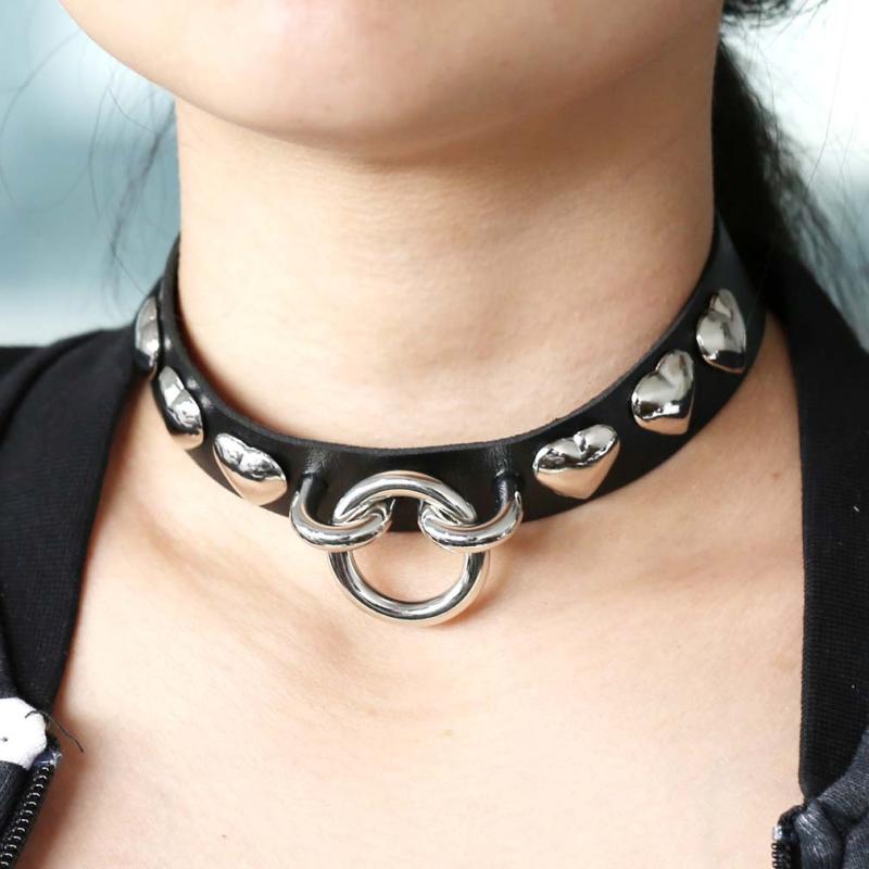 チョーカー 男女兼用 パンク ゴシック ロック クール 個性的 ユニーク スタッズ ハート型 サークル PUレザー 合金 ネックレス ファッション アクセサリー
