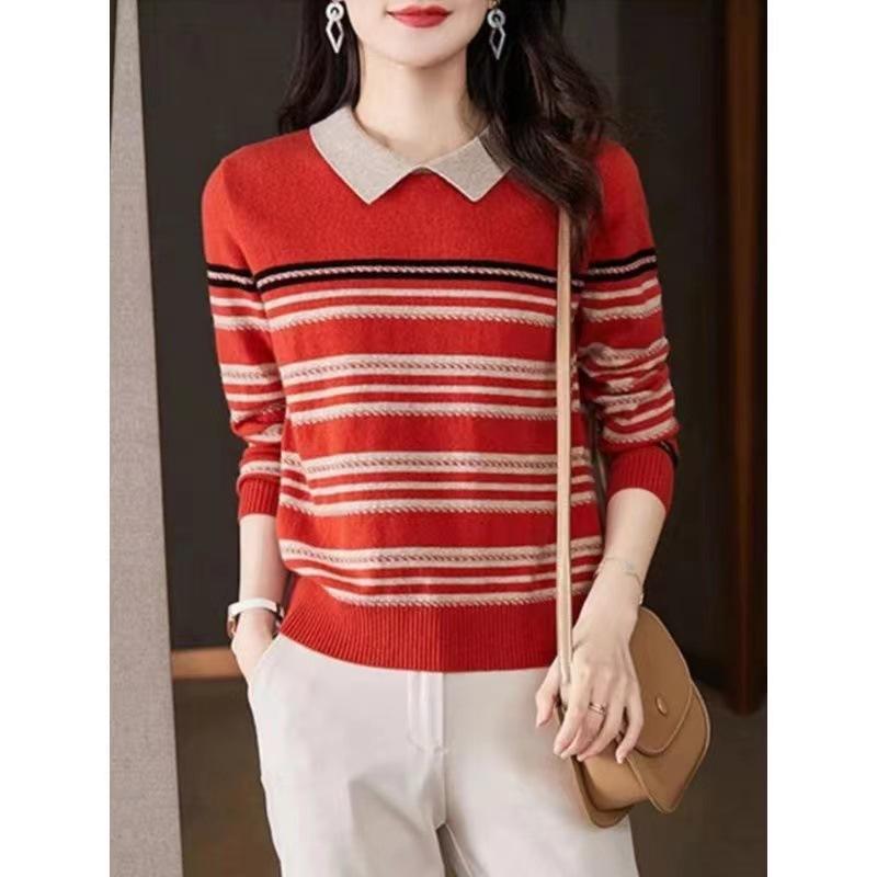 ・カテゴリ: セーター・スタイル: エレガントカジュアル、ブリットカジュアル・主な素材: ウール30-50%、アクリル50-70%・ネックライン: 襟付き・袖丈: 長袖・柄: ストライプ・袖タイプ: レギュラー・シルエット: ストレート・着丈: ミドル丈・加工: パッチワーク・デザイン: かぎ針編み・着用スタイル: プルオーバー・カラー展開: ブラック、ブルー、オレンジレッド・サイズ展開: S、M、L、XL