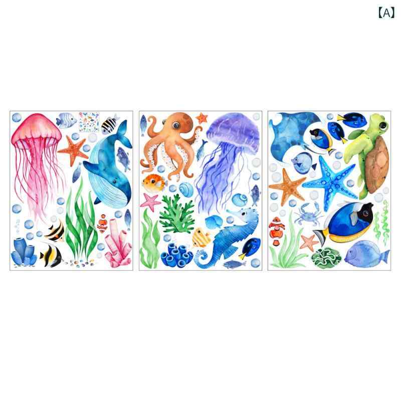 bloomelierのウォールステッカー 子供用 蓄光 夜光 海底世界 海の生き物 魚 クラゲ キャラクター 動物 防水 PVC シール 子供部屋 リビング 寝室 DIY インテリア 模様替え グリーン発光 ブルー発光｜アングル2