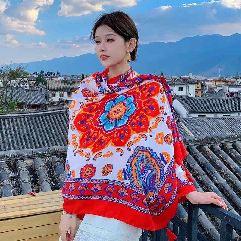 乐天商城 - スカーフ レディース 女性用 大判 ショール ストール 巻き物 レトロ 民族風 エスニック エキゾチック 花柄 プリント 図柄 コットン ツイル 紫外線対策 レッド