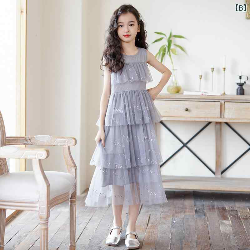 bloomelierのワンピース 女の子 ジュニア 春夏 ノースリーブ チュールスカート プリンセス 韓国ファッション ティアードスカート ポリエステル コットン ホワイト カーキ グレー Aライン かわいい お出かけ 発表会 フォーマルドレス｜アングル3