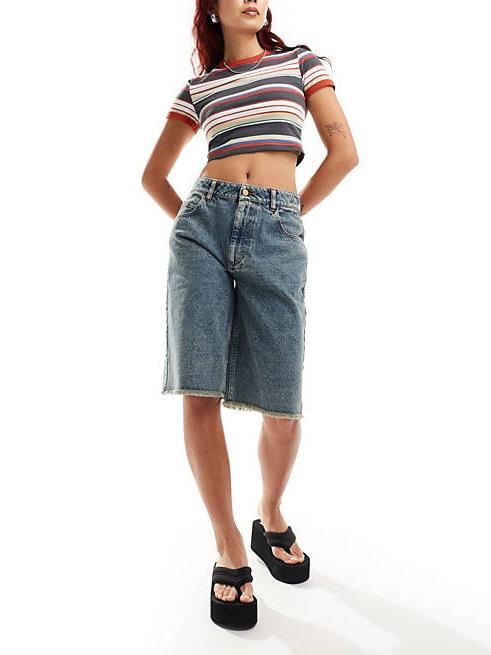 乐天商城 - デニム ショートパンツ レディース 春夏 ゆったり レトロ ミドルウエスト ワイド 綿 ヴィンテージ加工 ウォッシュ加工 カジュアル きれいめ 通勤 リラックス 普段使い お出かけ ブルー