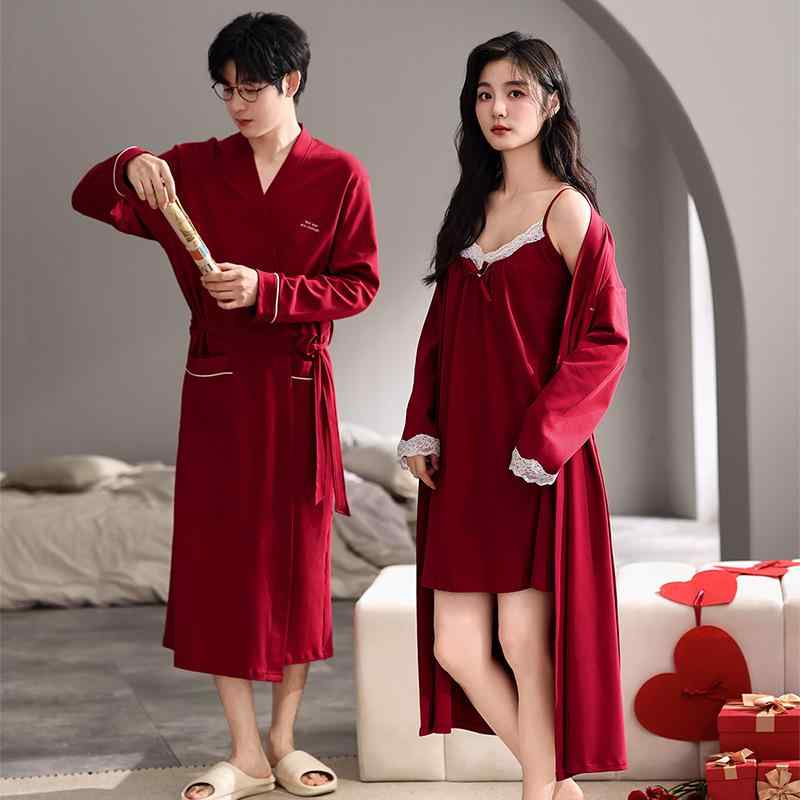ルームウェア カップル パジャマ 男女兼用 バスローブ ガウン コットン 綿素材 レディース キャミソールワンピース メンズ 長袖 Vネック オールシーズン 快適 高級感 通気性