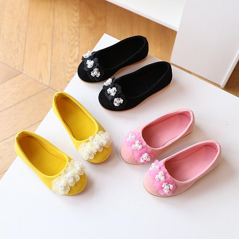Casual Shoes - キッズシューズ 女の子 ガールズ プリンセス フォーマル 春秋 PU スエード調 花モチーフ 滑り止め ソフトソール フラット ローヒール 発表会 ダンス 結婚式 パーティー 七五三 お呼ばれ イエロー ブラック ピンク