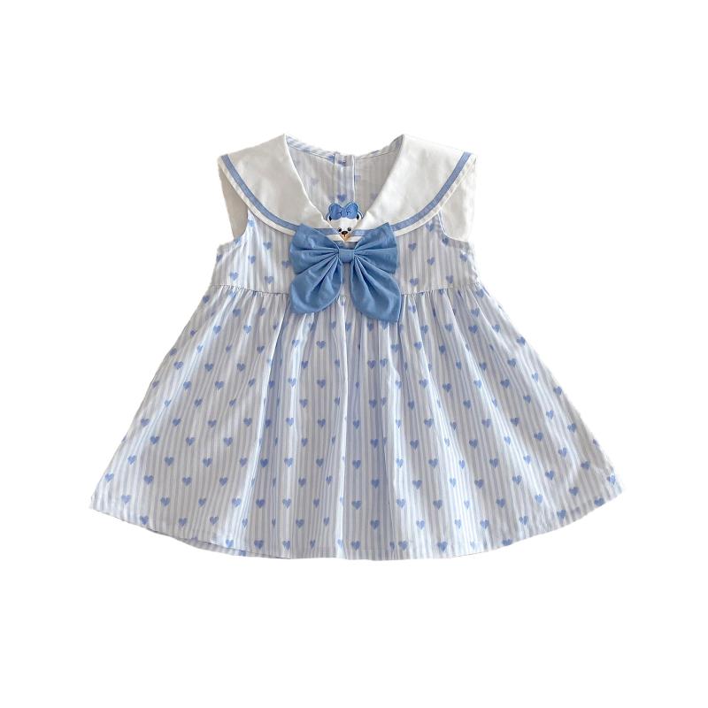 ワンピース 女の子 ベビー キッズ 子供服 ハート柄 キャラクター柄 セーラーカラー ノースリーブ プリンセスライン ドレス 綿 コットン スカイブルー 夏物 かわいい 普段着 デイリー
