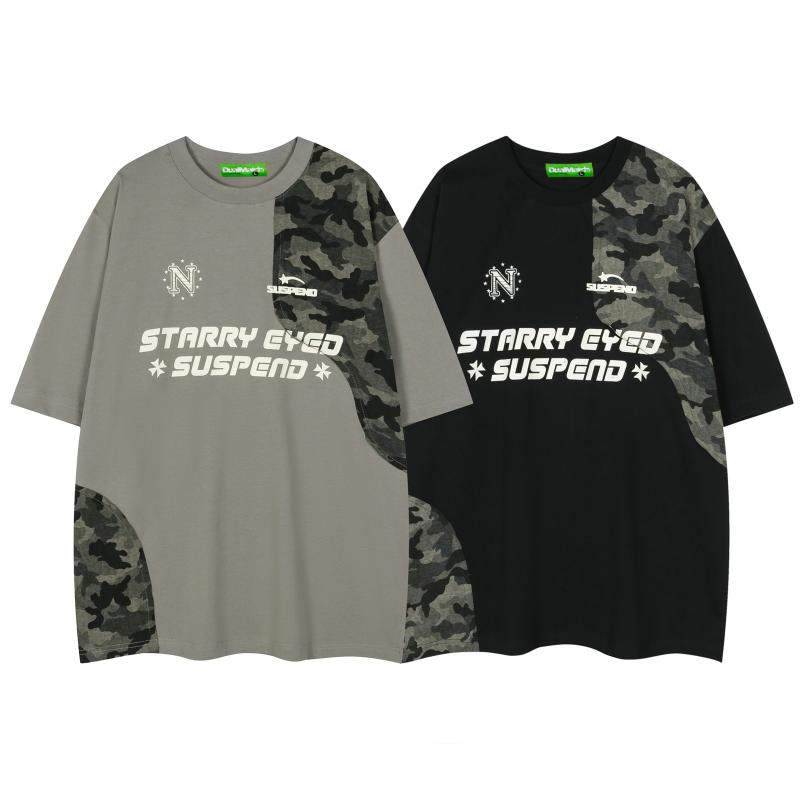 Rakuten - Tシャツ メンズ アメリカンレトロ 切り替え 迷彩柄 デザイン 半袖 ゆったり カジュアル トレンド クルーネック コットン 接触冷感 ストリートファッション 夏