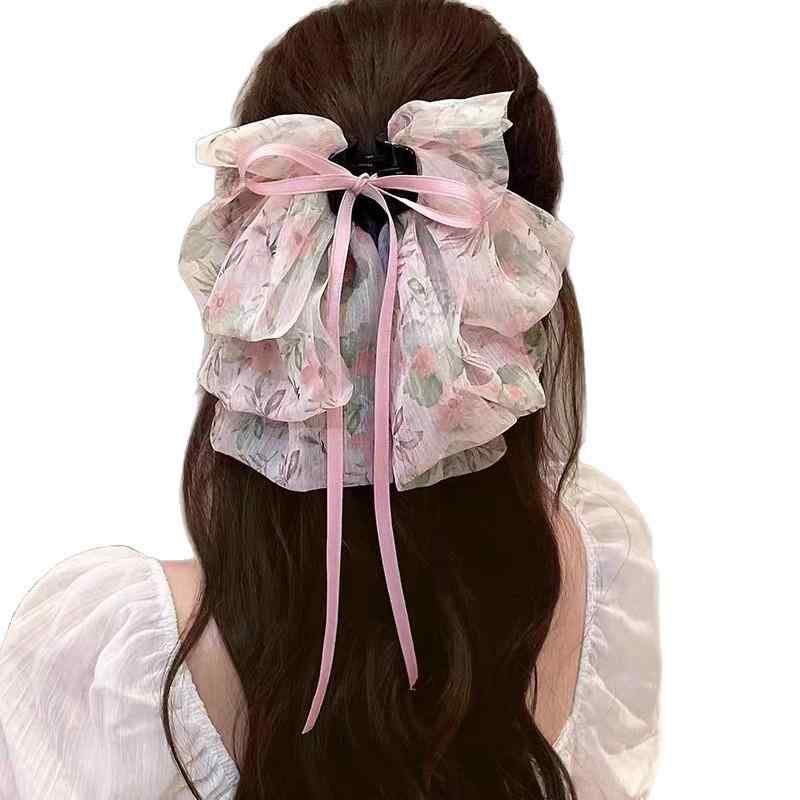 ヘアクリップ レディース エレガント 小花柄 大きめリボン ロングリボン バンスクリップ 上品 高級感 チュール ヘアアクセサリー 髪飾り 後ろ髪 普段使い お呼ばれ フェミニン 春夏 ブラック ピンク ホワイト