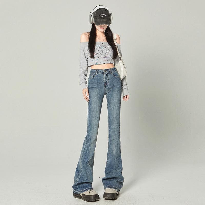 Rakuten - デニムパンツ レディース ハイウエスト 微フレア ジーンズ ブーツカット レトロ 春夏 スタイルアップ 細身 脚長効果 上品 通勤 オフィス カジュアル 低身長向け ストレッチ 厚手 コットン ポリウレタン ロング丈 ブラック ライトブルー ポケット付き