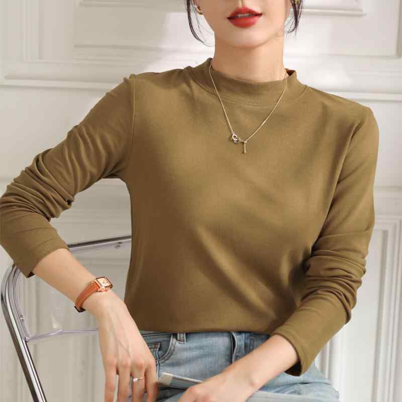 Tシャツ レディース 秋冬 半ハイネック 長袖 インナー 無地 レーヨン 伸縮性 スリムフィット 上品 エレガント きれいめ 着回し デイリーユース 通勤 トップス