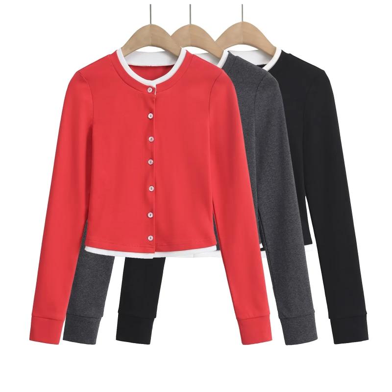 Three-Piece Set - レディース トレンド セクシー タイト 着痩せ スタイルアップ バイカラー 切り替え 長袖トップス ハイウエスト ストレート ショートパンツ カジュアル 普段使い 2点セット 春夏
