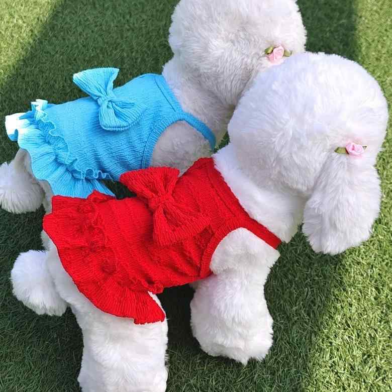 犬服 猫服 中小型犬 猫用 春夏 ポップカラー カラフル ティアードスカート ケーキスカート キャミソールワンピース サスペンダースカート トイプードル ポメラニアン かわいい おしゃれ プリンセススタイル お散歩 お出かけ ポリエステル ブルー レッド