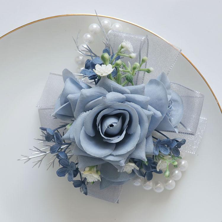 造花 コサージュ ブローチ リストレット 結婚式 披露宴 ビジネス 式典 開業 ゲスト スモーキーブルー 布製 ギフト プレゼント 贈答品