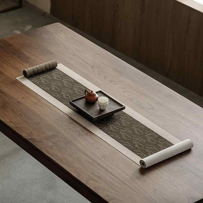 茶席 和モダン 禅スタイル 新中華風 祥雲柄 防水 綿麻 テーブルランナー ランチョンマット インテリアクロス ティータイム 来客 おしゃれ 白 ベージュ ブラウン グレー グリーン