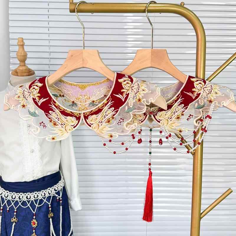 ショール レディース 付け襟 エスニック風 雲肩 重厚刺繍 カラフル 切り替え パール ビーズ装飾 中国風 漢服 結婚式 披露宴 婚礼 お色直し パーティー フォーマル ドレス ケープ アクセサリー