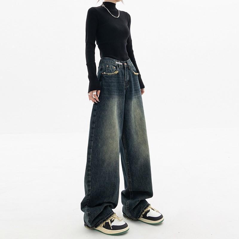 Rakuten - デニムパンツ レディース アメリカンレトロ ストリート ウォッシュ加工 古着風 ハイウエスト ストレート ワイドパンツ ゆったり ルーズ 細見え 着痩せ コットン ポケット付き ノンストレッチ 秋冬 ブルー系 カジュアル ベーシック ロング丈