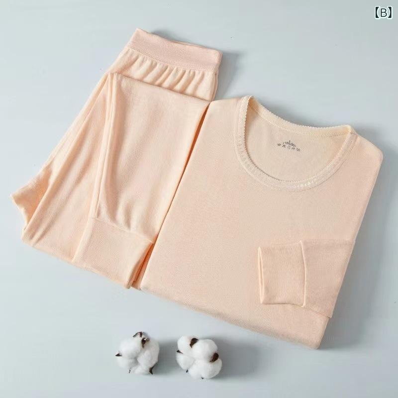 bloomelierのインナー レディース 女性用 綿 保温 発熱 厚手 無縫製 スタイルアップ クルーネック 長袖 長ズボン 肌着 秋冬 部屋着 普段使い｜アングル3