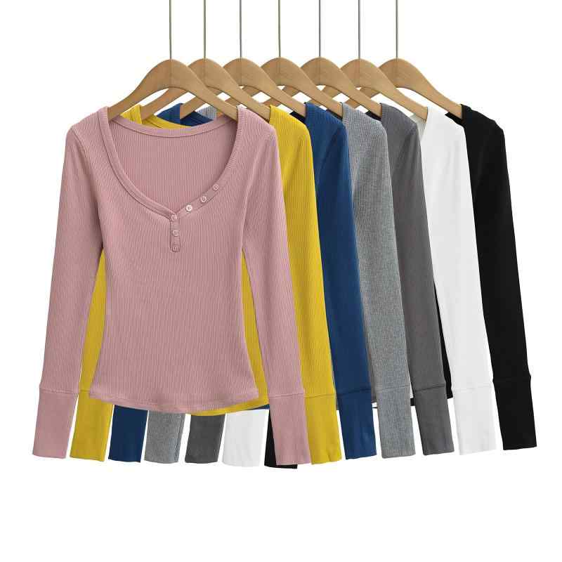Rakuten - Tシャツ レディース 女性用 スリムフィット 長袖 リブ編み Vネック ボタン付き 保温性 あたたかい インナー カットソー トップス コットン ストレッチ 伸縮性 きれいめ カジュアル 春夏