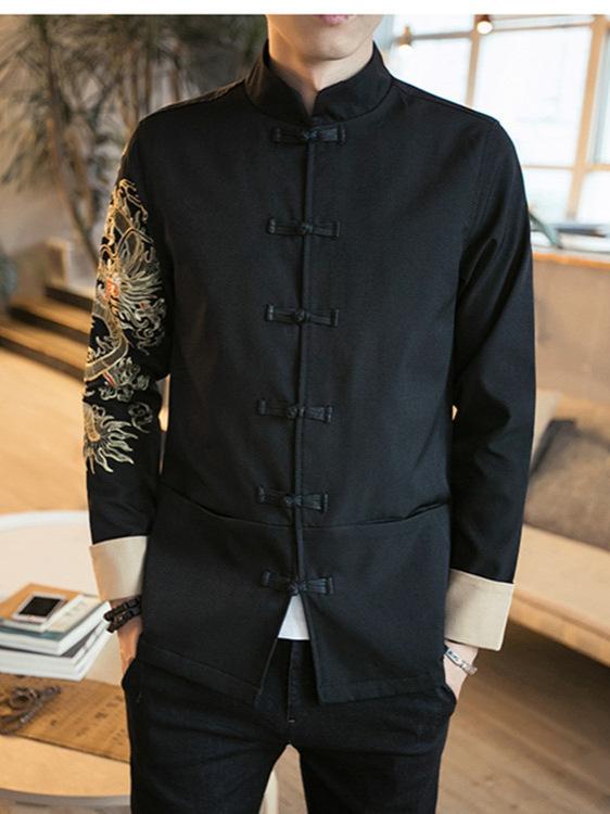 ・商品カテゴリ: チャイナ服・誤差範囲: 1-3cm・適合シーズン: オールシーズン・生地名: 化学繊維混紡・主な生地素材: ポリエステル・主な生地素材含有率: 89.2%・適用シーン: 日常使い・対象層: 若年層・デザイン: ボタン装飾・加工: 刺繡・カラー: ブラック（ジャケット単品）, 龍刺繍（ジャケット単品）, ブラック（トップス+パンツ）, 龍刺繍（トップス+パンツ）, ブラック（トップス+パンツ+シャツ）, 龍刺繍（トップス+パンツ+シャツ）・サイズ: S（48kg以内）, M（53.5kg以内）, L（59kg以内）, XL（64.5kg以内）, 2XL（71kg以内）, 3XL（78kg以内）, 4XL（86kg以内）, 5XL（94kg以内）・スタイル: 中国風・対象性別: 男性