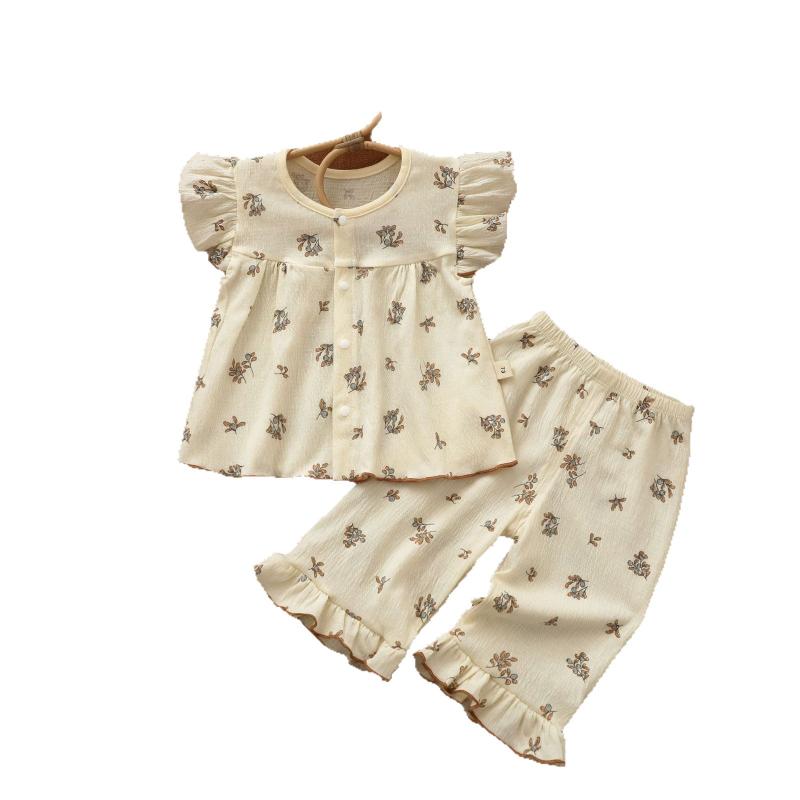 ベビーキッズ 男の子 女の子 半袖 Tシャツ 七分丈パンツ 綿 クリンクルコットン シワ加工 薄手 柔らか肌触り かわいいアニマル柄 キャラクター ルームウェア パジャマ 春夏 快適