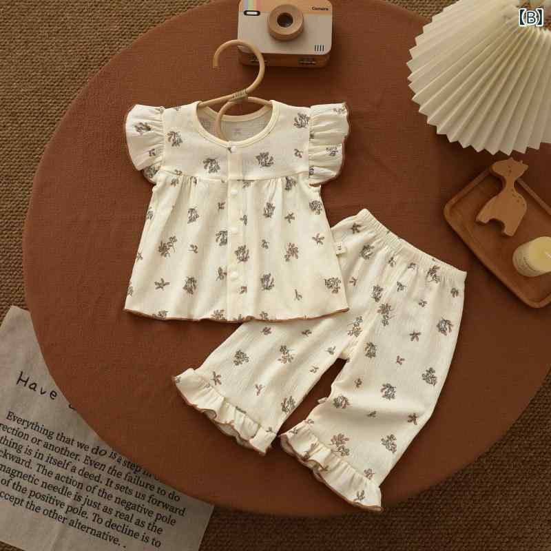 bloomelierのベビーキッズ 男の子 女の子 半袖 Tシャツ 七分丈パンツ 綿 クリンクルコットン シワ加工 薄手 柔らか肌触り かわいいアニマル柄 キャラクター ルームウェア パジャマ 春夏 快適｜アングル3