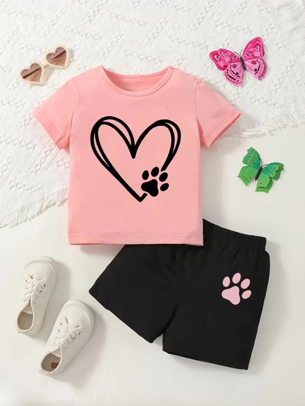 ベビー服 女の子 半袖トップス Tシャツ ショートパンツ 短パン 夏 丸首 クルーネック ハート 足跡 プリント カジュアル 普段着 リラックス ルームウェア ポリエステル