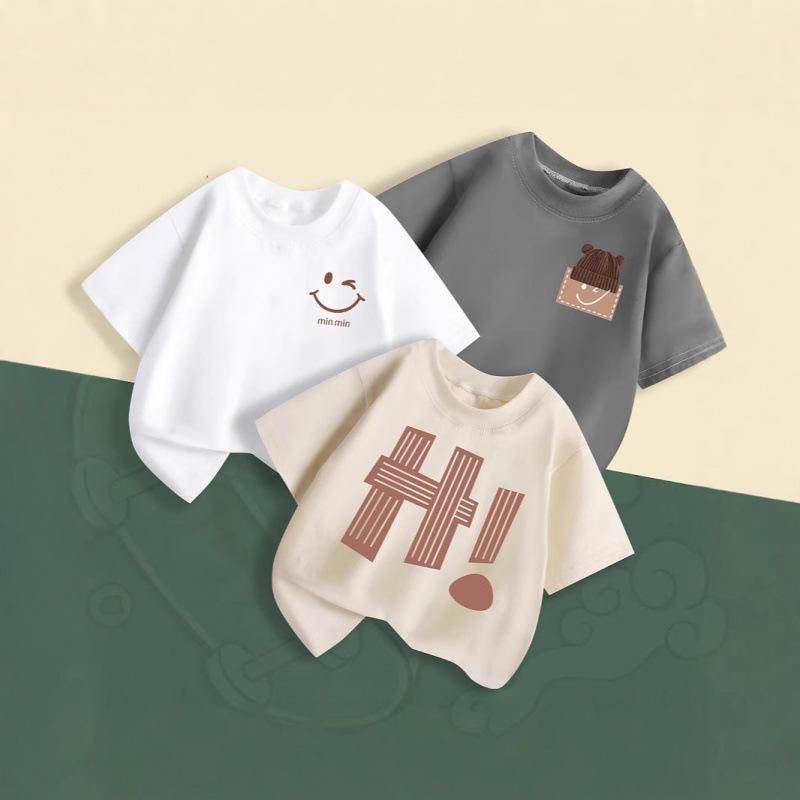 ・カテゴリ: キッズTシャツ・スタイル: 韓国風・主な素材: 綿100%・ネックライン: クルーネック・袖丈: 半袖・柄: カートゥーン、アルファベット・カラー展開: アプリコット、ホワイト、グレー・サイズ展開: 90cm, 100cm, 110cm, 120cm, 130cm, 140cm, 150cm・性別: ユニセックス・生地加工: 柔軟加工・対象年齢: 3〜14歳