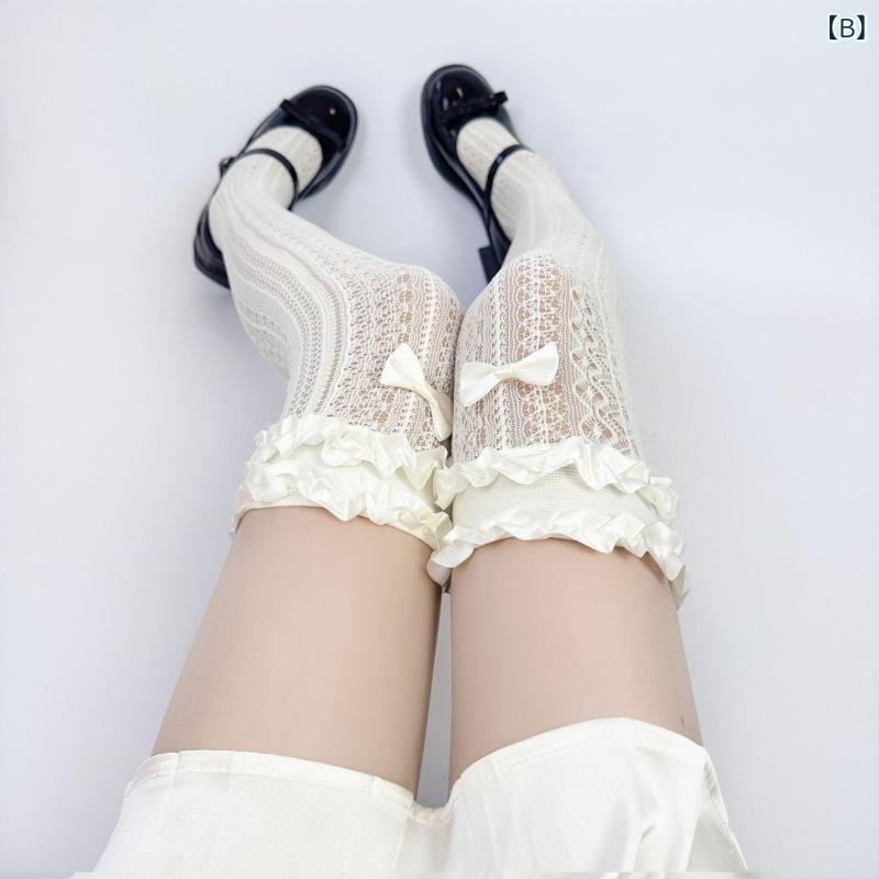 bloomelierのニーハイソックス レディース 膝上靴下 春夏 薄手 ロリータ レース フリル リボン付き JK 制服 コーデ かわいい サイハイソックス ルーズソックス レッグウェア おしゃれ 通学｜アングル3