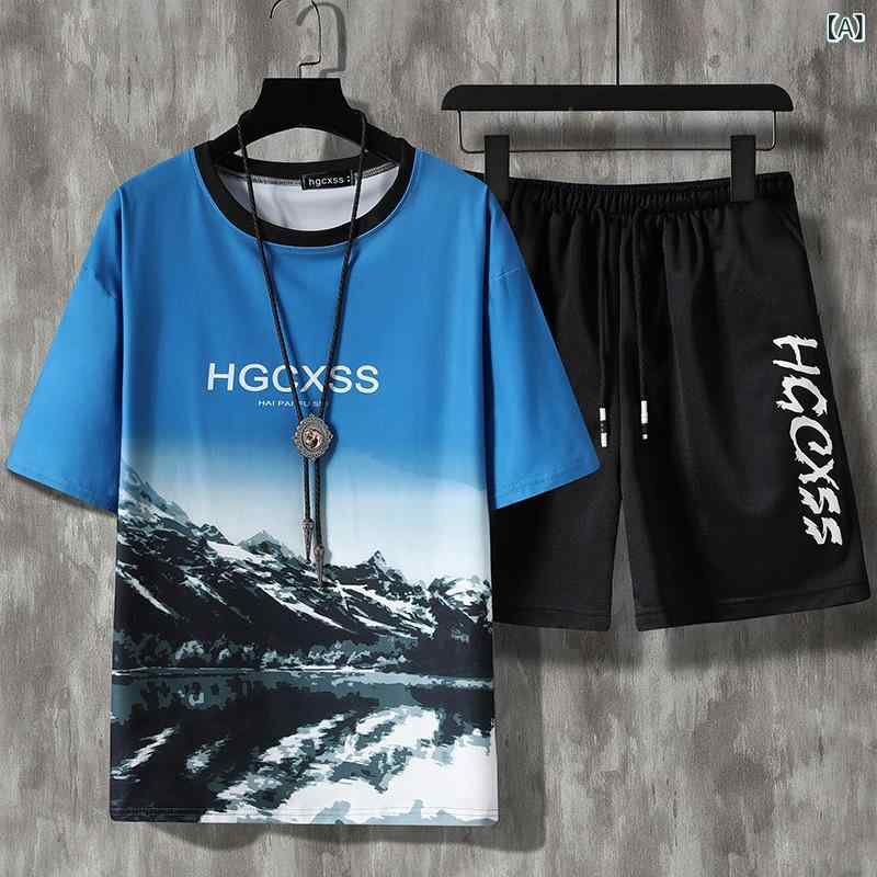 メンズカジュアルセット メンズ 半袖Tシャツ ショートパンツ 雪山タイダイ柄 再生繊維 ゆったりシルエット 接触冷感素材 夏の定番アイテム リラックスウェア 普段使い 春夏