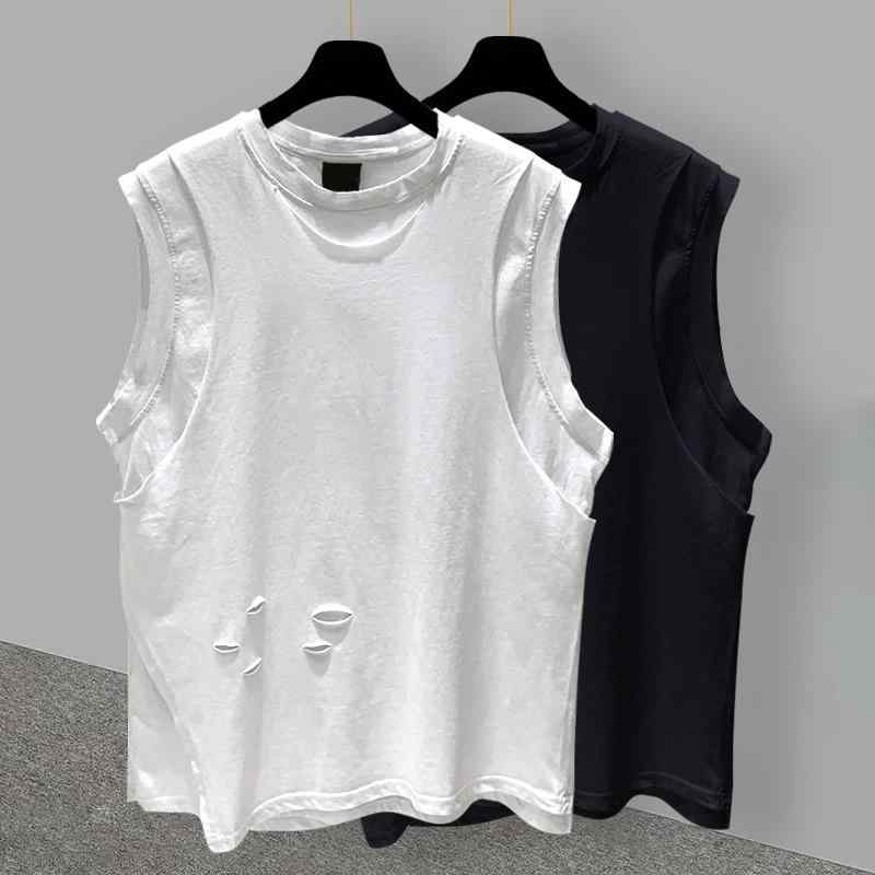 Rakuten - Tシャツ メンズ フェイクレイヤード 破れ加工 ノースリーブ 薄手 韓国風 トレンド ルーズフィット ラウンドネック 夏物 コットンブレンド 学生 カジュアル 普段着