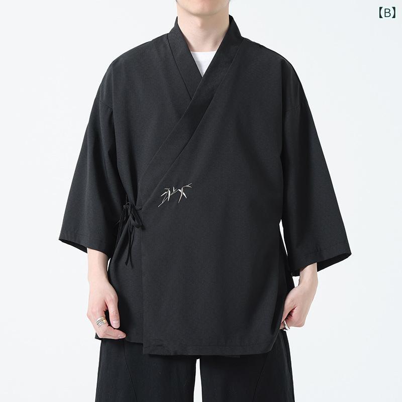 漢服 メンズ 春夏 七分袖 刺繍 カーディガン 中華風 斜め襟 道袍風 唐装 上着 ポリエステル ゆったりシルエット リラックスウェア 快適ルームウェア セットアップ