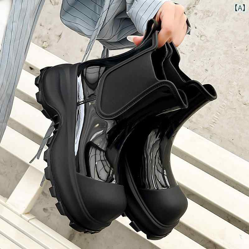 Botas de lluvia Dama Soldos de fondo grueso Tratamiento de deslizamiento Resistente al agua Materiales de PVC cortos Fácil de usar Fácil de quitar Uso habitual Salida para el trabajo Diseño sencillo Soldos de roca — vista 2